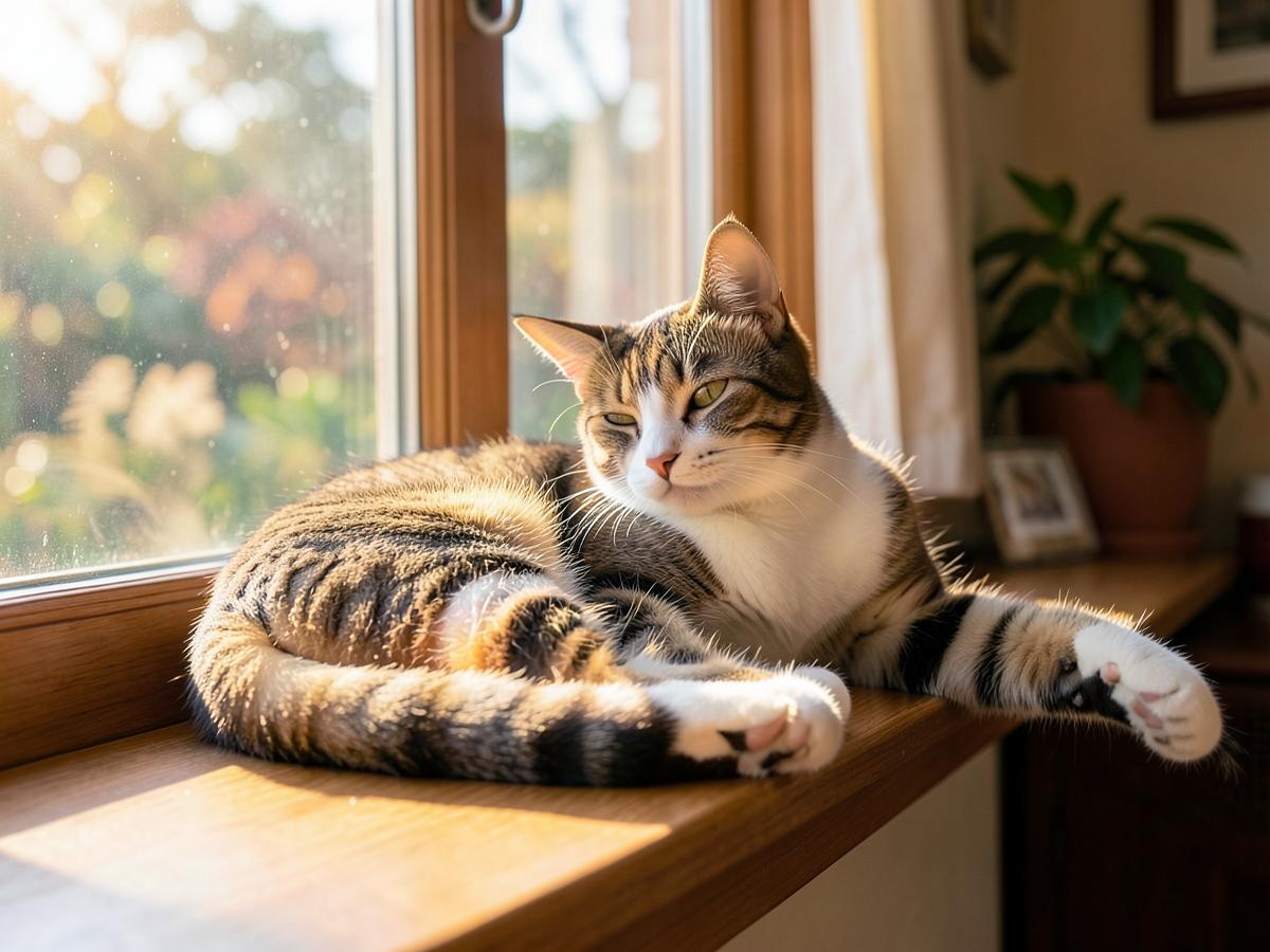 Katze liegt entspannt auf der Fensterbank in der Sonne
