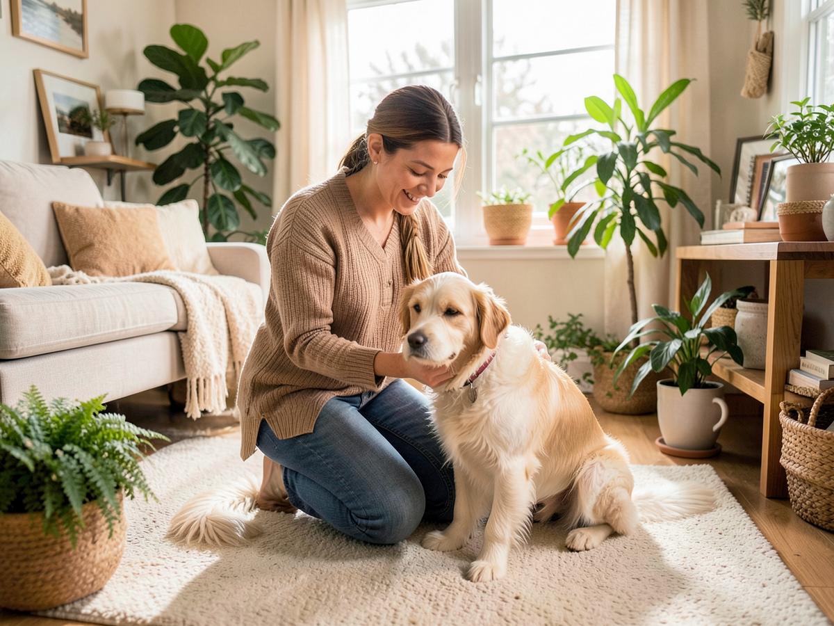 Tiersitterin streichelt einen Hund in einer gemütlichen Wohnung